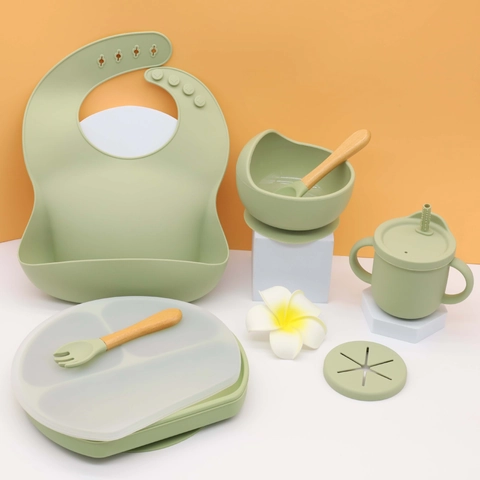 Baby Feeding Set Silicone BPA Free Suction Bowl Divided Plate Bib Cup Wooden Handle Spoon Fork Toddler Self Feeding