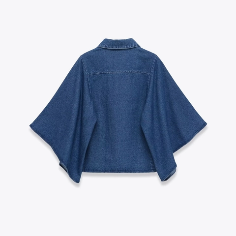 Chemise Cape En Jean Pour Femmes Col À Revers Boutonné Décontracté Mode Bleu Chemisier Shacket Style Vintage