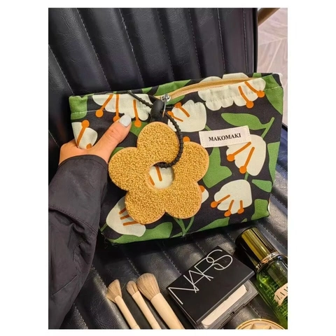 Borsa Da Trucco In Tela Stampa Floreale Orso Cartone Animato Organizzatore Da Toeletta Portatile Con Portachiavi Fiore