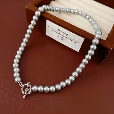 Gray Faux Artificial Pearl Beaded Necklace Alloy Toggle Clasp French Elegant Vintage Clavicle Chain Jewelry For Women