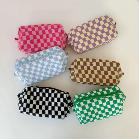 Checkerboard Knitted Wool Cosmetic Bag Large Capacity Portable Makeup Toiletry Organizer Zipper Storage Pouch For Women