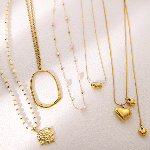 Collana con Pendente in Acciaio Inossidabile Minimalista Retrò Francese per Donna Gioielli con Catena di Perline a Cuore Geometrico Irregolare