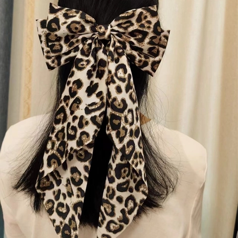 Leopard Bow Haarspange Mit Langem Band Große Satin Stoff Feder Haarnadel Pferdeschwanz Halter Für Frauen Mädchen