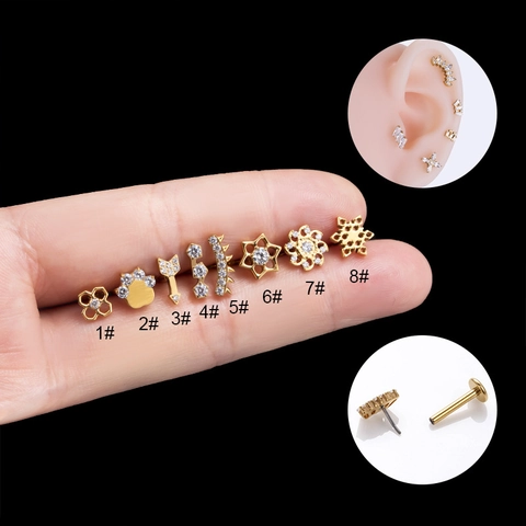 Orecchino In Titanio G23 Cartilagine Gioielli Piercing Labret Push Pin Senza Filettatura Fiore Cavo Zampa D'orso Stella