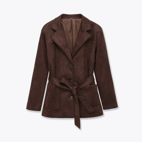 Chaqueta De Gamuza Sintética Para Mujer Con Cinturón Manga Larga Solapa Color Sólido Streetwear Vintage Abrigo Marrón Oscuro