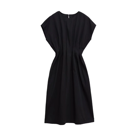 Vestido Midi Elegante Para Mujer Cuello Redondo Color Sólido Sin Mangas Plisado Cintura Elástica Ajuste Holgado Poliéster