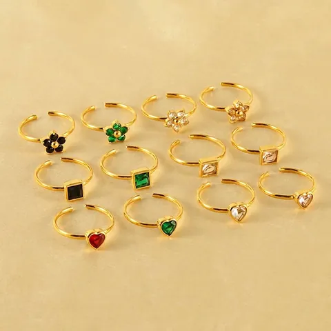 French Style Stainless Steel Heart Square Flower Rings 18K Gold Plated Cubic Zirconia Adjustable Open Jewelry For Women