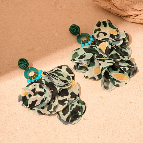 Bohemian Large Floral Drop Earrings Leopard Print Fabric Petals Resin Ring Seed Beads Silver Earring Post Women Vintage