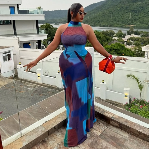Halfter Ausschnitt Ärmelloses Maxikleid Abstraktes Farbblock Muster Bodycon Plissee Streetwear Mode