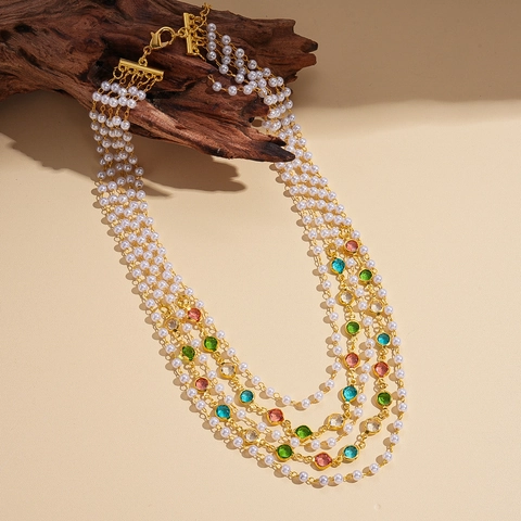Collana Multistrato Perla Artificial Imitazione Gemma Di Vetro Colorata Stile Corte Retrò Catena Lunga Per Maglione Donne Lega Di Rame