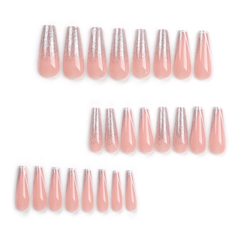 Lange Coffin Kunstnagels Zilveren Glitters French Tips Witte Rand Kunstmatige Ballerina Manicure