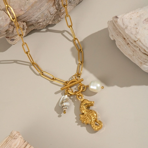 Seahorse Shell Artificial Pearl Necklace Stainless Steel 18K Gold Plated Paperclip Chain T-Bar Clasp Beach Vacation Style Women