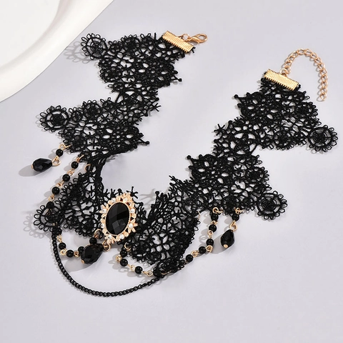 Gothic Black Lace Choker Necklace For Women Vintage Geometry Hollow Out Rhinestone Pendant Sexy Multi Layer Jewelry Gift