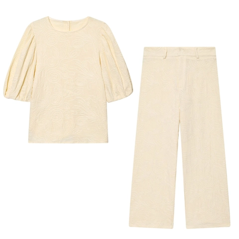 Top De Jacquard Bordado Con Mangas Abullonadas Y Pantalones De Pierna Ancha Mujeres Casual Streetwear Elegante Crema