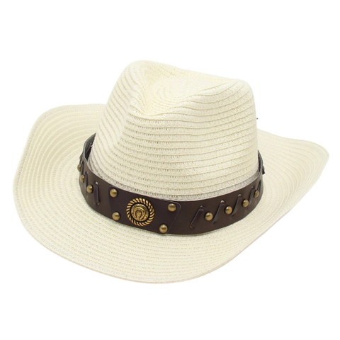 Western Cowboy Straw Hat Woven Panama Roll Edge Sun Hat With Riveted Leather Band For Beach Outdoor Summer Women Hat