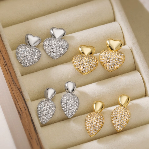 Elegantes Pendientes De Botón De Corazón Y Gota De Agua Cobre Chapado En Oro De 18K Micro Pave Circonita Joyería Para Mujer