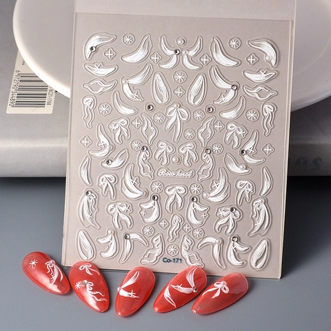 Embossed Nail Art Stickers White Bowknot Ribbon Star Design Rhinestone Faux Artificial Pearl Waterproof Self Adhesive Manicure Decor