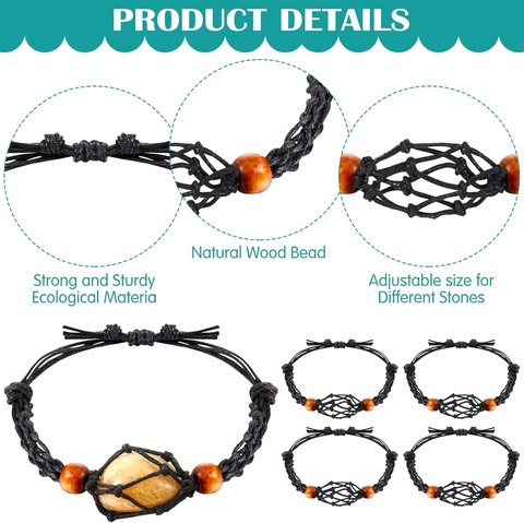 Pulsera De Cuerda Tejida A Mano Con Piedra Natural De Cristal Bolsa De Red Ajustable Cuentas De Madera Joyería De Curación
