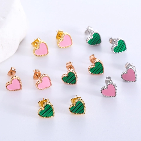 Hart Oorknopjes 316L Roestvrij Staal Kralenrand Emaille Perzik Hart Minimalistische Mode-Sieraden Voor Dames