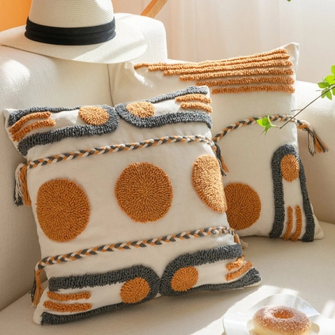 Tufted Cushion Cover Cotton Linen Geometric Boho Nordic Decorative Pillowcase With Tassels For Sofa Bed Living Room