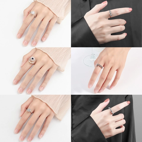 Copper Rotating Spinner Ring For Women Adjustable Rhinestone Snowflake Bee Flower Daisy Anti Anxiety Fidget Relief Jewelry