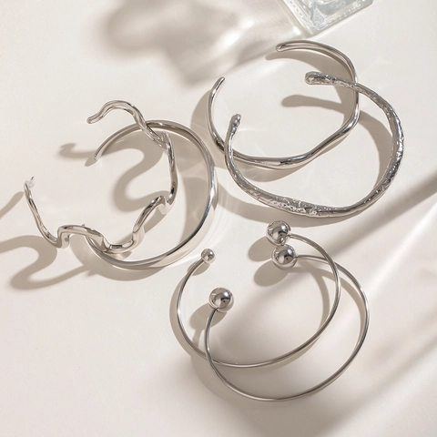 Stainless Steel Open Bracelet Irregular Wave Texture Beaded End Cuff Bangle Minimalist Hypoallergenic Jewelry For Women