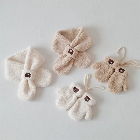 Children's Winter Warm Bear Embroidery Fleece Glove Scarf Baby Thickened Plush Mittens Neck Warmer Accessories