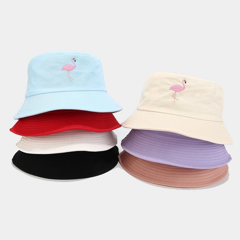 Cappello Alla Pescatora In Cotone Con Ricamo Fenicottero Protezione Solare Traspirante Esterno Spiaggia Vacanze Donne