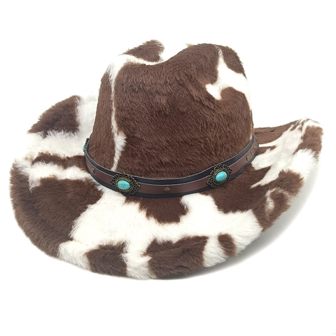 Cappello Da Cowboy Peluche Stampa Muccata Pelliccia Sintetica Tesa Larga Stile Western Vintage Per Donna Con Cintura In Ecopelle Turchese