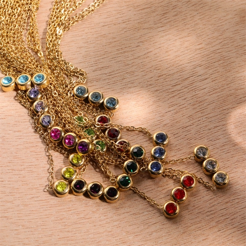 Collana in Acciaio Inossidabile con Pietra di Nascita per Donna Ciondolo con Tre Zirconi Tondi Placcato Oro Gioielli Minimalisti Regalo