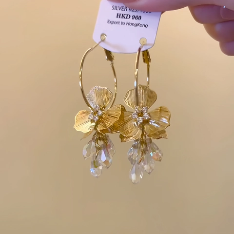 Vintage Flower Hoop Dangle Earrings With Copper Zircon And Silver Earring Post Elegant Gold Plated Crystal Water Drop