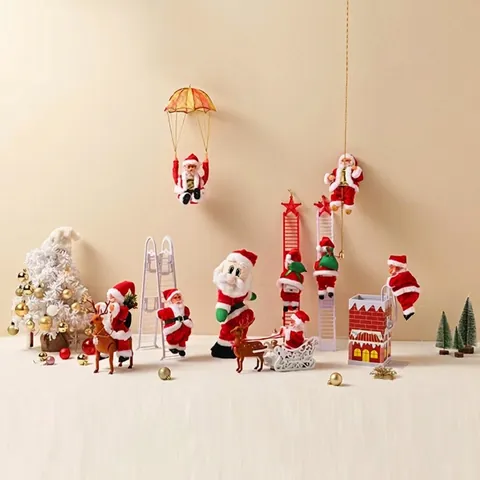 Electric Animated Christmas Santa Claus Climbing Ladder Rope Parachute Sleigh Musical Dancing Home Ornament Party Decor