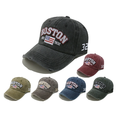 Vintage Washed Cotton Baseball Cap Boston Embroidery Distressed American Style Adjustable Dad Hat Streetwear