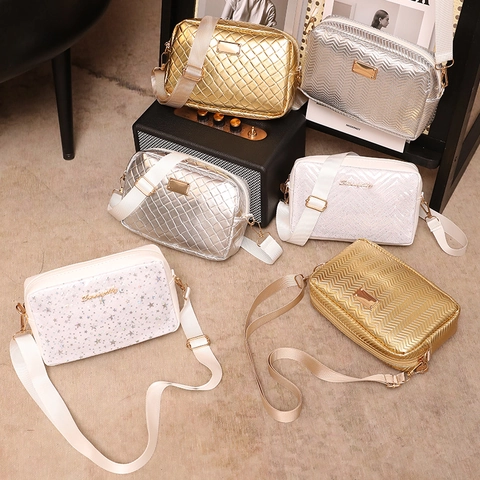 Metallic PU Leather Crossbody Camera Bag For Women Textured Chevron Plaid Star Patterns Fashion Casual Adjustable Wide Strap