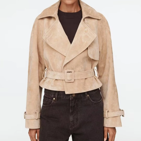 Wildleder Kurzjacke Damen Britischer Stil Mit Gürtel Langarm Revers Commuter Oberbekleidung Casual Mode