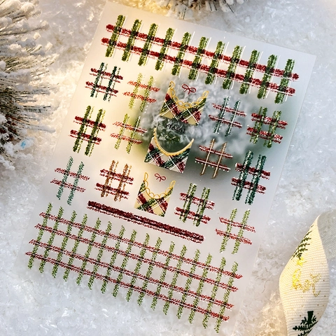 Christmas Winter Plaid Bow Nail Art Stickers 5D Relief Vintage Maillard Style Manicure Decals For Women Festive Nails