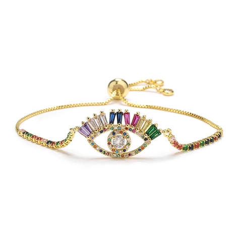 Evil Eye Hamsa Hand Bracelet Gold Plated Copper Colorful Cubic Zirconia Adjustable Slider Chain Jewelry For Women