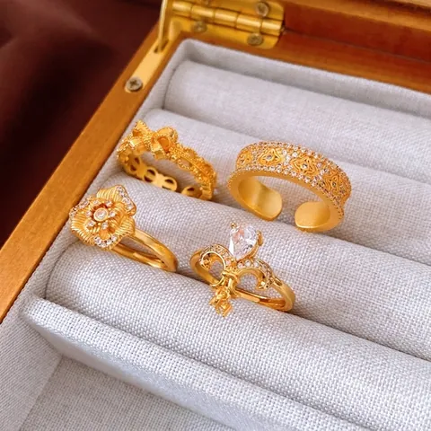 Bague Ouverte Fleur Vintage Cuivre Plaqué Or Avec Zircon Bijoux Rétro Réglables Pour Femmes Style Français Luxe