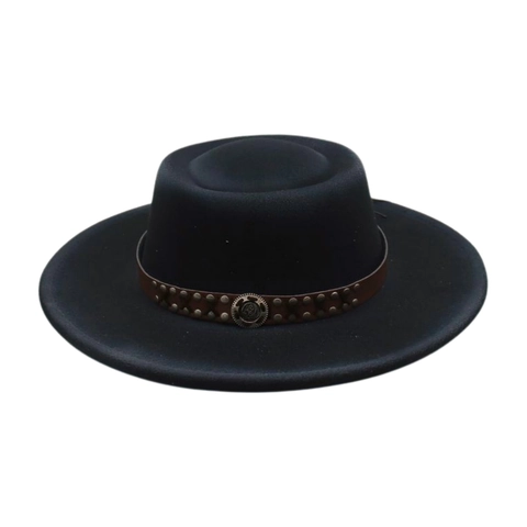 Vintage Wide Brim Flat Top Fedora Hat Wool Felt Cotton Polyester With Leather Rivet Band Western Cowboy Style For Men Women