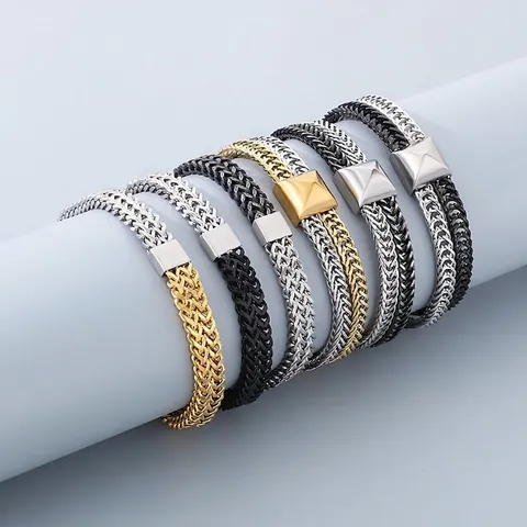Men Stainless Steel Bracelet Double Row Fish Scale Woven Link Punk Hip Hop Bangle Magnetic Clasp Contrast Color Jewelry