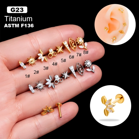 G23 Τιτάνιο Labret Lip Stud Εσωτερικό Σπείρωμα Piercing Χόνδρου Αυτιού Με Ζιργκόν Λουλούδι Αστέρι Κοσμήματα Για Γυναίκες