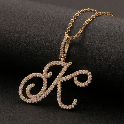 Hip Hop Cursive 26 Alphabet Pendant Necklace Copper 18K Gold Plated Micro Inlaid Zirconia Iced Out Initial Chain For Women Men