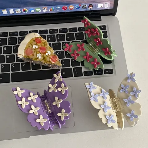 Pinces À Cheveux Papillon Fleurs Et Pizza En Acétate Style Français Doux Décor De Strass Coiffure Pour Femmes