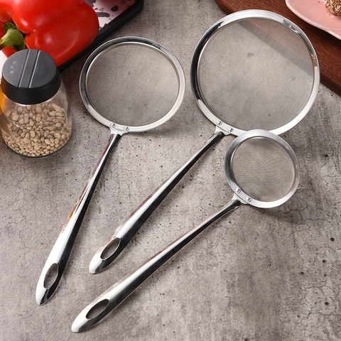 Stainless Steel Oil Skimmer Spoon Fine Mesh Strainer Long Handle For Kitchen Cooking Fat Skimming Foam Mirror Polishing
