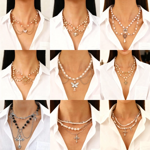 Vintage Multi Layered Pearl Necklace For Women Gold Silver Alloy OT Buckle Cross Heart Pendant Punk Chain Choker Jewelry