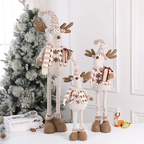 Christmas Plush Doll Ornament Telescopic Long Legs Snowman Santa Reindeer Nordic Brown Knit Home Desktop Party Decor