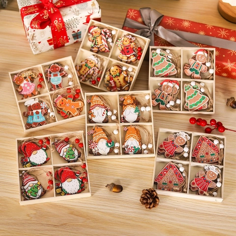 Holz Weihnachten Hängen Ornamente Lebkuchenmann Gnom Weihnachtsbaum Dekorationen Mit Holzbox Für Haus Party Dekor