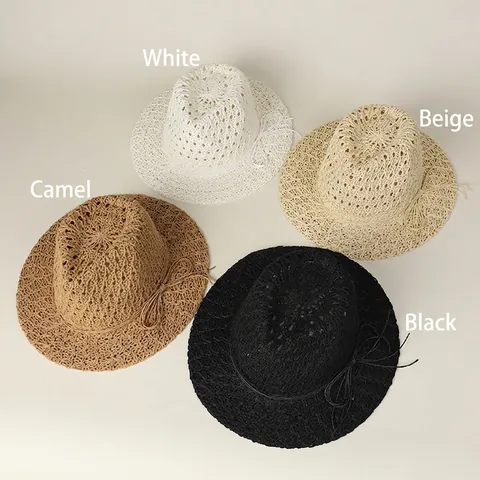 Women Summer Sun Fedora Hat Hollow Crochet Woven Cotton Polyester Breathable Wide Brim Beach Vacation Jazz Hat With Bow