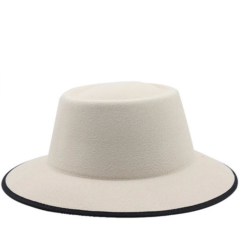 Wide Brim Flat Top Fedora Hat Contrast Color Binding Felt Jazz Cap Retro British Style For Women Men