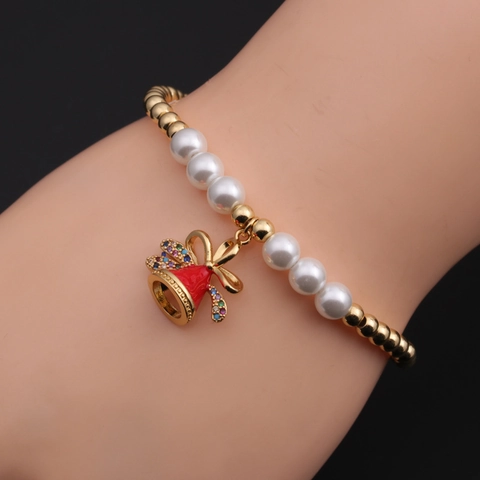 Pulsera De Cuentas De Navidad Cobre Con Perlas Artificiales De Imitación Esmalte Papá Noel Muñeco De Nieve Colgantes Campana Joyería Zircón